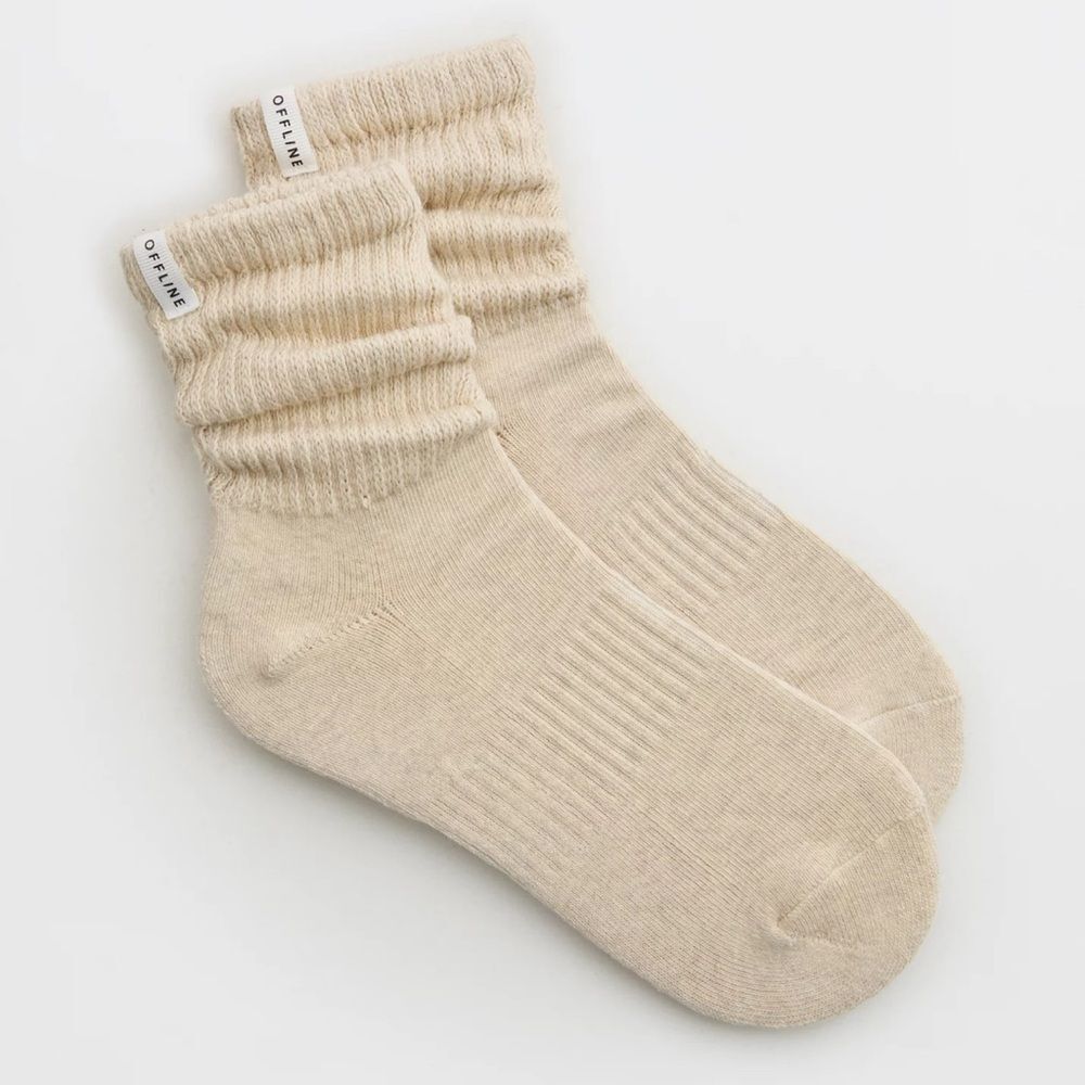 OFFLINE Heather Frost Cream Tan Short Scrunch Tab Logo Cotton Socks